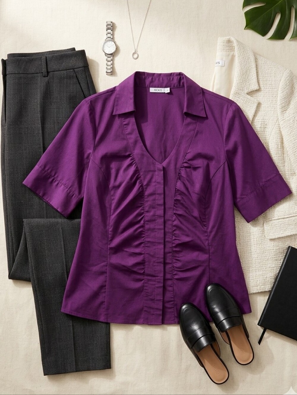 Ricki's 16 Blouse Button Purple Ruched V-Neck Short Sleeve Officecore Royalcore